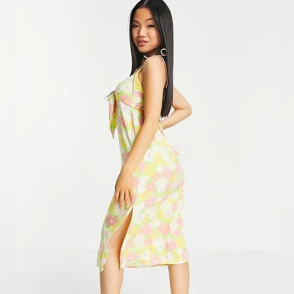 Miss Selfridge Womens Petite bunny tie midi slip dress in bright sunflower - Picture 2 of 8